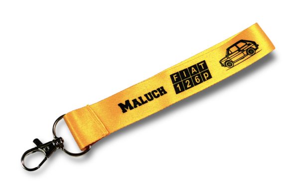 WYTRZYMAŁA SMYCZ DO KLUCZY Z OBRYSEM SŁYNNEGO MALUCHA – FIAT 126P W KOLORZE ŻÓŁTYM. KOLEKCJA PRL. IDEALNA DLA FANATYKÓW POLSKIEJ RETRO MOTORYZACJI.
